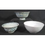 GROUP OF THREE CHINESE PORCELAIN BOWLS to include: Yuan dynasty blue and white wreck salvage bowl,