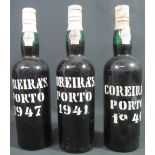 THREE BOTTLES OF COREIRA'S PORT, 1941 (2) and 1947. Each 75cl, 20% by volume.