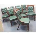 A SET OF EIGHT MAHOGANY FRAMED GREEN HIDE BUTTON UPHOLSTERED DINING OR CLUB CHAIRS comprising six