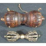 TIBETAN BRONZE VAJRA in a carved and fitted wooden case with rope twist decoration,