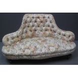 SMALL UPHOLSTERED LOW TWO SEATER BUTTON BANKED TRIANGULAR SHAPED CONVERSATION SOFA with floral