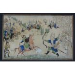 MUGHAL SCHOOL PAINTED MINIATURE ON IVORY depicting a battle scene in a landscape. 12 x 7.5cm approx.