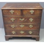 SMALL 18TH CENTURY ELM CHEST of two short and three long graduated and cock beaded drawers under a