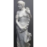 WHITE RECONSTITUTED MARBLE FIGURE of a classical maiden with garland of flowers and flowing robes,