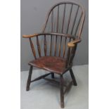 19TH CENTURY STAINED BEECH AND MIXED WOODS WINDSOR STICK BACK FARMHOUSE ARMCHAIR having scroll arms