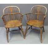 PAIR OF 19TH CENTURY SMALL WINDSOR HOOP BACKED ELBOW CHAIRS in ash and elm with pierced splats,