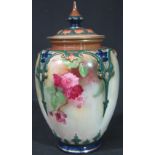 ROYAL WORCESTER PORCELAIN POT POURRI VASE AND COVER of ovoid form with strap work moulded borders