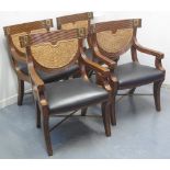 SET OF FOUR SIMULATED MAHOGANY EMPIRE DESIGN ELBOW CHAIRS with reeded backs over sea grass panels,