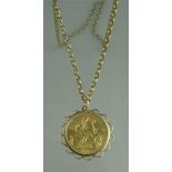 A 1913 GEORGE V GOLD SOVEREIGN in 9ct gold pendant mount on 56cm 9ct gold chain. Weight 17g approx.