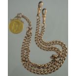 9CT GOLD DOUBLE ALBERT CURB LINK WATCH CHAIN with two spring clips,