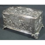 EDWARDIAN SILVER REPOUSSE JEWELLERY BOX OR CASKET of rectangular form with hinged lid by T.