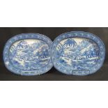 PAIR OF 19TH CENTURY STAFFORDSHIRE BLUE AND WHITE TRANSFER PRINTED PEARLWARE OVAL MEAT DISHES