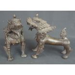 PAIR OF CAST BRONZE THAI TEMPLE LIONS, one male and one female, in standing pose,