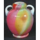 LATE 19TH CENTURY TWO HANDLED RAINBOW ART GLASS VASE of baluster form, possibly by Harrach or Loetz,