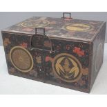 PROBABLY 19TH CENTURY JAPANESE LACQUERED WOODEN ROBE CHEST having lift off lid and iron carrying