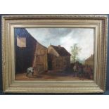 19TH CENTURY BRITISH SCHOOL, country folk playing bowls in a rustic farmyard, unsigned,