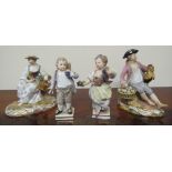 A GROUP OF FOUR SMALL MEISSEN PORCELAIN FIGURES, two pairs,