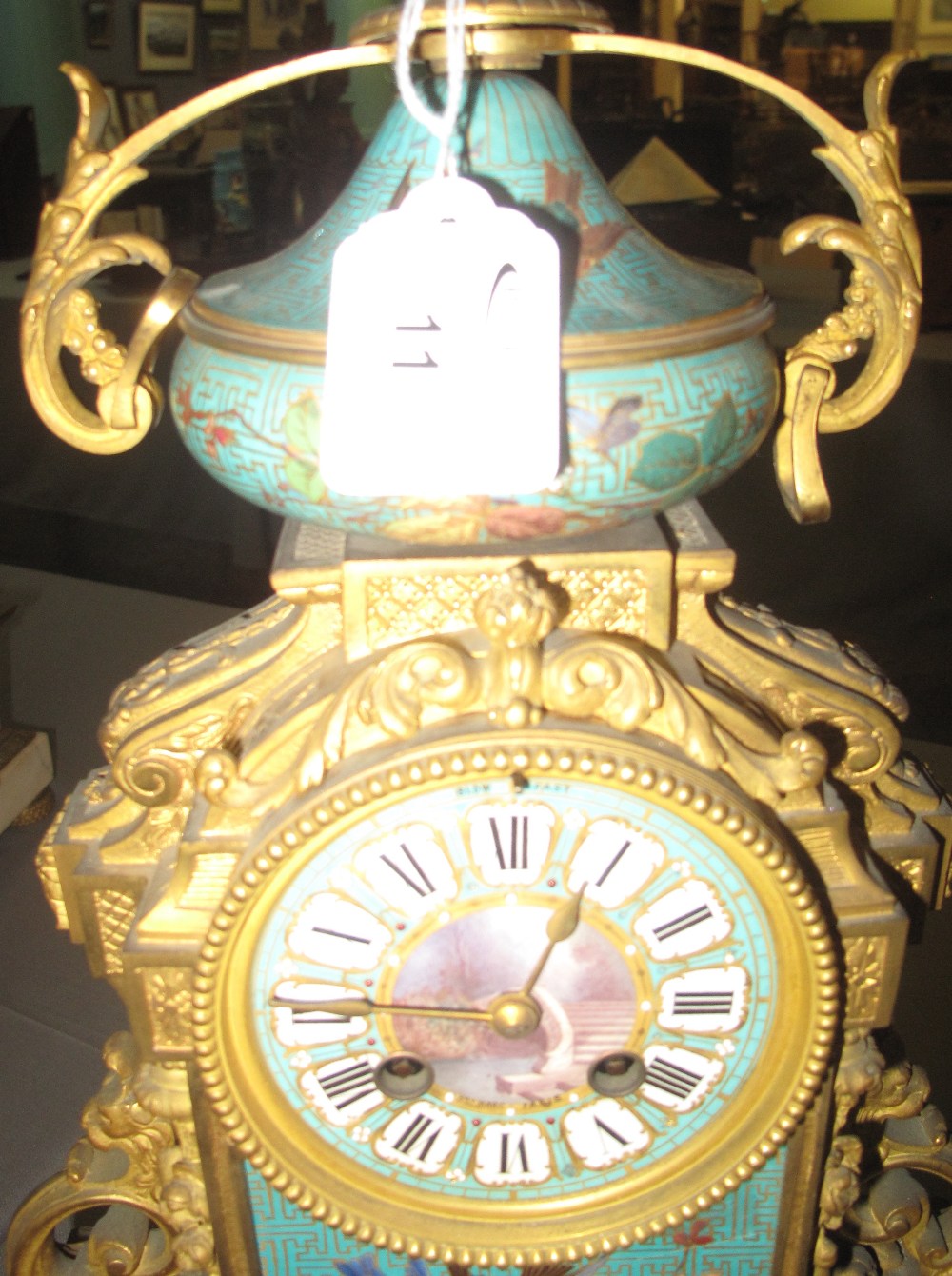 19TH CENTURY FRENCH ORMOLU TWO TRAIN MANTEL CLOCK in classical design with porcelain urn shaped - Image 7 of 7