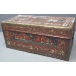 19TH CENTURY CAMPHOR WOOD LEATHER COVERED AND BRASS MOUNTED TRAVELLING TRUNK hand painted with