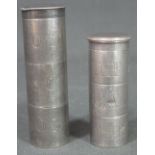 TWO SIMILAR AND UNUSUAL ENGLISH SILVER SPICE OR MEDICINAL TOWERS each cylindrical form in three