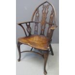 19TH CENTURY GOTHIC STYLE YEW AND ELM WINDSOR ARMCHAIR having pointed arch back with pierced splats,