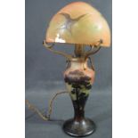 ART NOUVEAU PERIOD GALLE GLASS MUSHROOM SHAPED TABLE LAMP the shade overlaid with swallow
