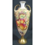 ROYAL WORCESTER PORCELAIN TWO HANDLED URN SHAPED VASE with painted fruit decoration, signed Telford,