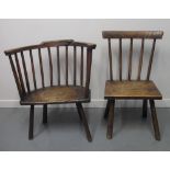 19TH CENTURY WELSH PRIMITIVE STICK BACKED FIRESIDE ELBOW CHAIR in mixed woods with elm seat on