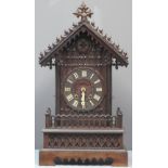 LATE 19TH CENTURY BAVARIAN STAINED OAK GOTHIC DESIGN TWO TRAIN MUSICAL CUCKOO CLOCK the case with