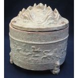 CHINESE HAN DYNASTY PERIOD GREEN GLAZED AND MOULDED FUNERARY JAR AND COVER, of circular form,