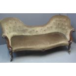 VICTORIAN MAHOGANY SHOW FRAME DOUBLE ENDED SOFA having buttoned back and serpentine stuff over seat,