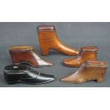 A COLLECTION OF FOUR 19TH CENTURY NOVELTY TREEN SNUFF BOXES modelled in the form of boots,