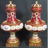 PAIR OF 19TH CENTURY ROYAL CROWN DERBY BALUSTER SHAPED LIDDED PEDESTAL VASES in neo-classical style