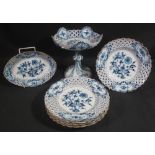 LATE MEISSEN BLUE AND WHITE 'ONION' PATTERN PART DESSERT SERVICE with gilded pierced basket weave