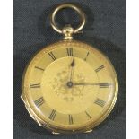 19TH CENTURY FRENCH 18CT GOLD FANCY KEY WIND FOB WATCH having engine turned Roman face with foliate