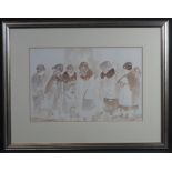 VERA BASSETT (Welsh, Pontarddulais, died 1997), ladies gossiping in a bus queue, signed,