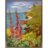 HAZEL MORRIS (Contemporary Welsh), 'Coastline with foxgloves', signed and dated '14, oils on canvas,