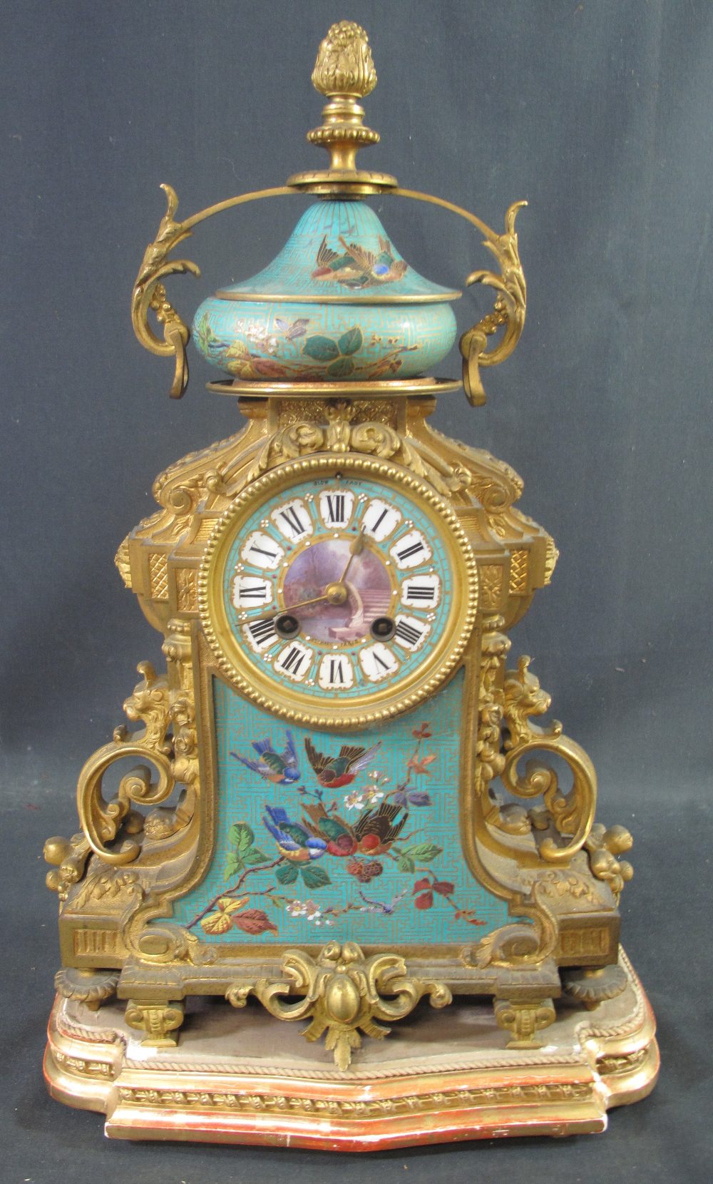 19TH CENTURY FRENCH ORMOLU TWO TRAIN MANTEL CLOCK in classical design with porcelain urn shaped