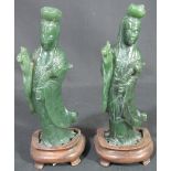 TWO GREEN HARDSTONE FIGURES OF GUANYIN, the goddess of mercy,