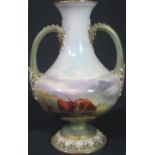 SMALL ROYAL WORCESTER TWO HANDLED PORCELAIN VASE painted and signed by H.