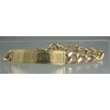 9CT GOLD IDENTITY BRACELET WITH FLATTENED CURB LINK CHAIN. length 21cm, weight 42.8g approx. (B.P.