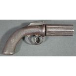 19TH CENTURY PERCUSSION SIX SHOT PEPPER BOX PISTOL, unnamed, having 3 1/4" barrels approx (85mm),