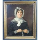 BRITISH SCHOOL (19TH CENTURY), portrait of a mature lady in lace bonnet and collar, making lace,