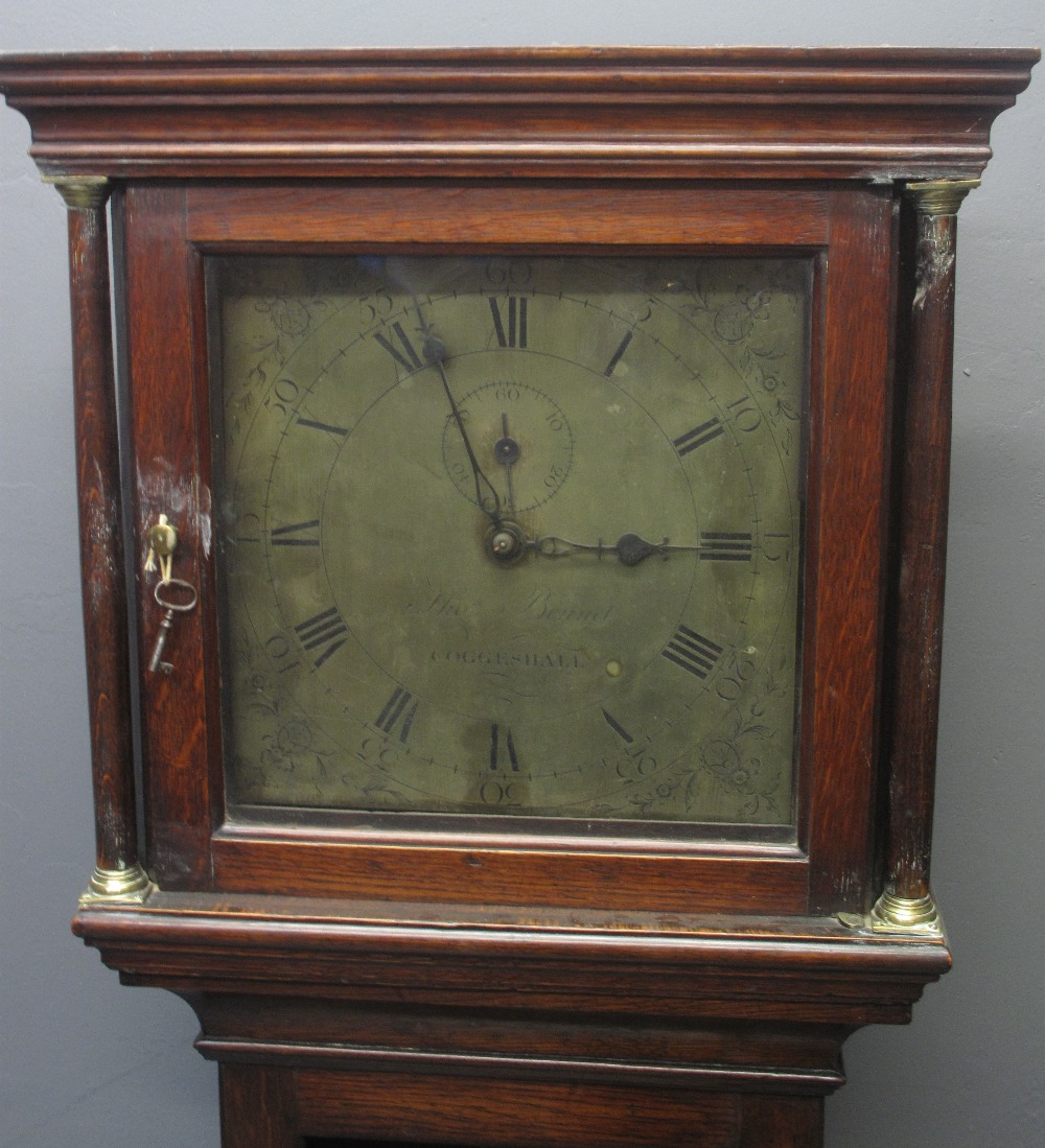 18TH CENTURY BRASS FACED 30 HR COTTAGE LONGCASE CLOCK marked Thomas Bennet Coggeshall,