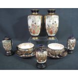 MIXED LOT OF JAPANESE SATSUMA EARTHENWARE comprising two hexagonal pedestal vases depicting geishas