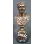 BRONZE PORTRAIT BUST OF A ROMAN GENERAL, head and shoulders on socle, with marble pedestal.