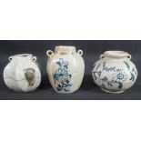 A GROUP OF THREE YUAN STYLE STONEWARE JARLETS to include: two hexagonal pieces with alternate