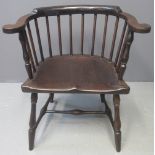 19TH CENTURY AMERICAN STICK BACKED ELBOW CHAIR in stained mixed woods with scrolled arms and