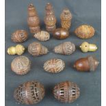 LARGE COLLECTION OF COQUILLA NUT AND OTHER ITEMS to include: nutmeg grater in the form of an acorn,