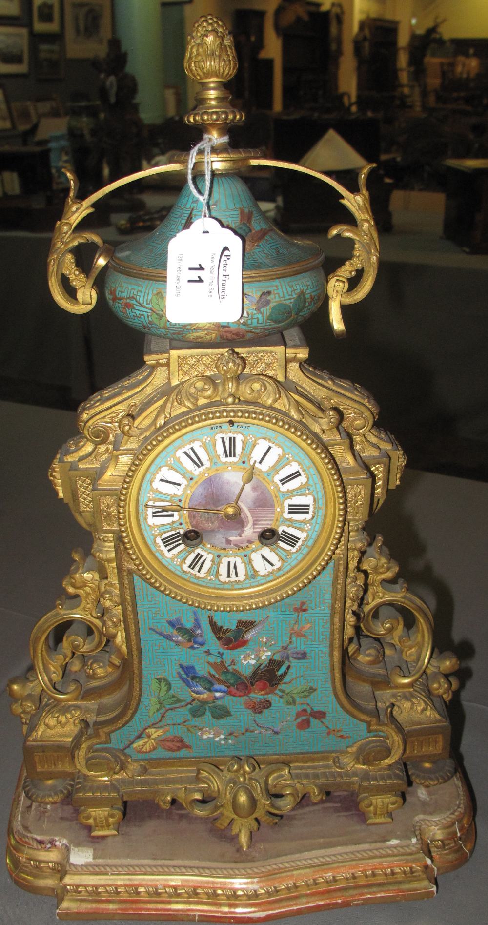 19TH CENTURY FRENCH ORMOLU TWO TRAIN MANTEL CLOCK in classical design with porcelain urn shaped - Image 3 of 7